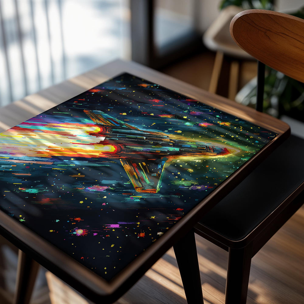 Colorful painting of a spaceship in space with stars and nebulae, as a premium aluminum metal print from GoMetalPrint.
