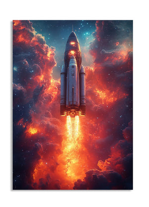 Rocket launching into a vibrant space with fiery clouds, as a premium aluminum metal print from GoMetalPrint.
