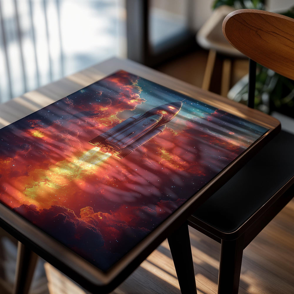Rocket launching into a vibrant space with fiery clouds, as a premium aluminum metal print from GoMetalPrint.
