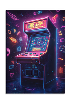 Neon-lit arcade machine with retro game design on a dark background, as a premium aluminum metal print from GoMetalPrint.
