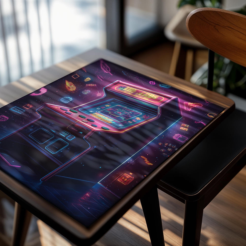 Neon-lit arcade machine with retro game design on a dark background, as a premium aluminum metal print from GoMetalPrint.
