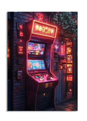 Vintage arcade machine with neon lights in an urban setting, as a premium aluminum metal print from GoMetalPrint.
