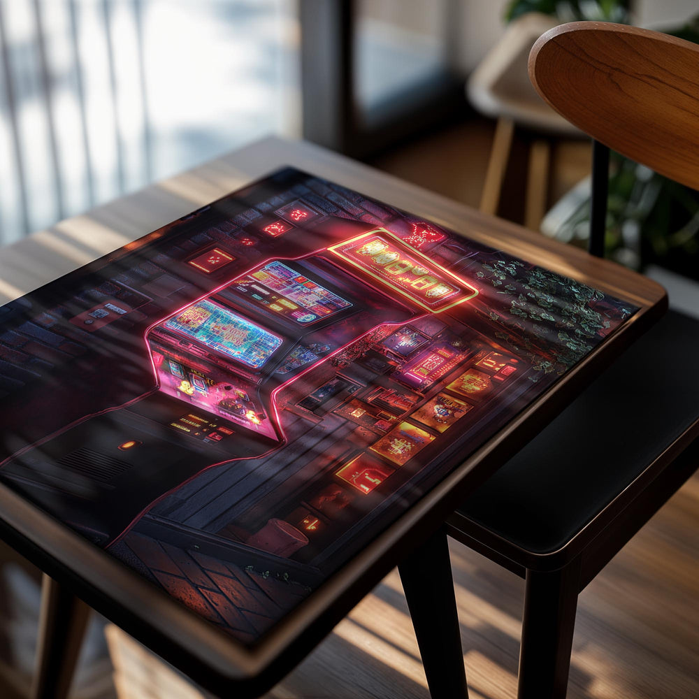 Vintage arcade machine with neon lights in an urban setting, as a premium aluminum metal print from GoMetalPrint.
