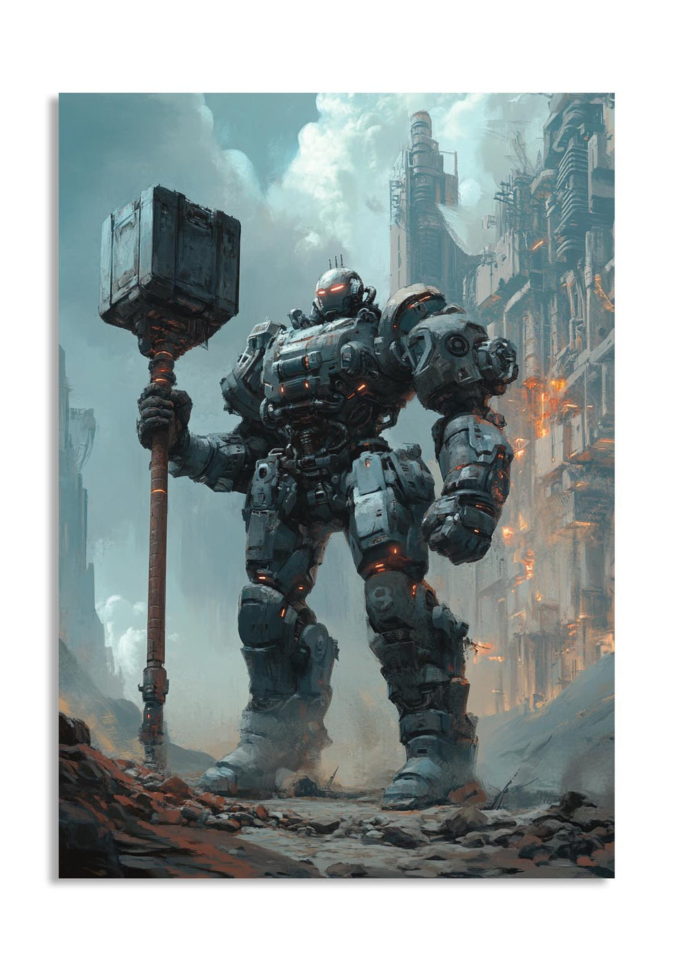Mechanical robot holding a hammer in a dystopian cityscape, as a premium aluminum metal print from GoMetalPrint.
