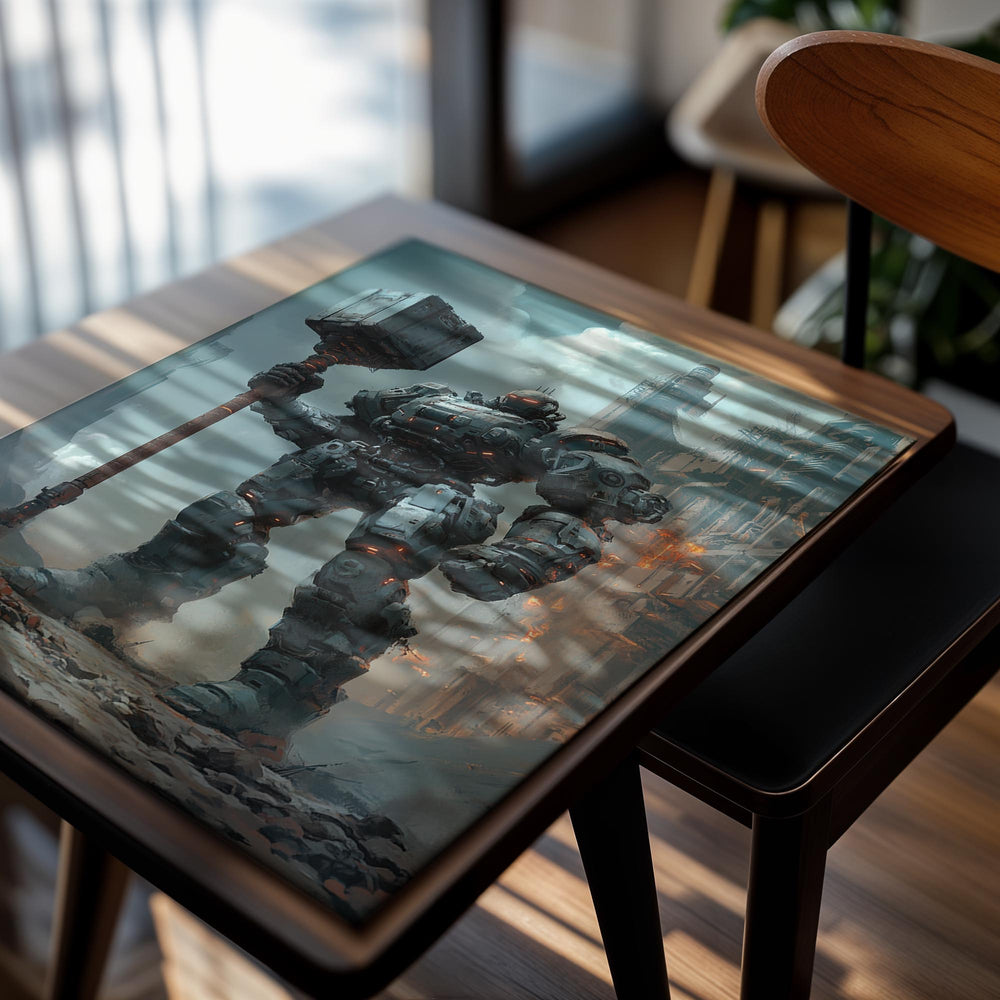 Mechanical robot holding a hammer in a dystopian cityscape, as a premium aluminum metal print from GoMetalPrint.
