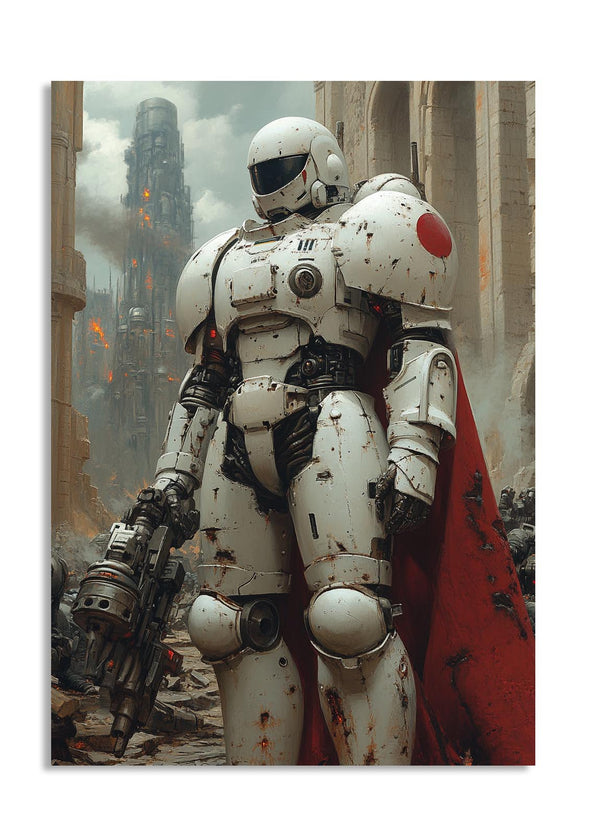 Robotic suit with a red dot on its chest in a dystopian setting, as a premium aluminum metal print from GoMetalPrint.
