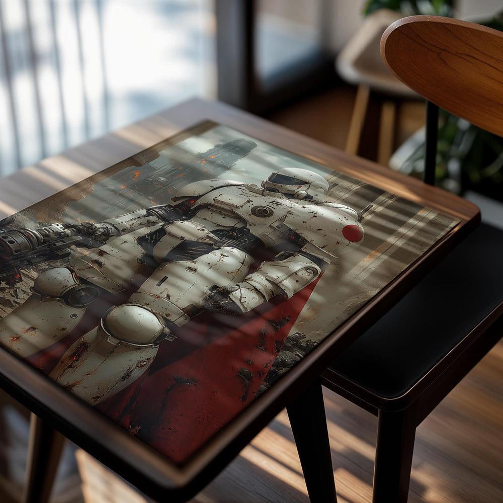 Robotic suit with a red dot on its chest in a dystopian setting, as a premium aluminum metal print from GoMetalPrint.
