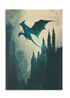 Dragon flying over a castle silhouette with a textured background, as a premium aluminum metal print from GoMetalPrint.
