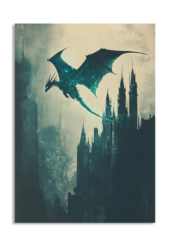 Dragon flying over a castle silhouette with a textured background, as a premium aluminum metal print from GoMetalPrint.
