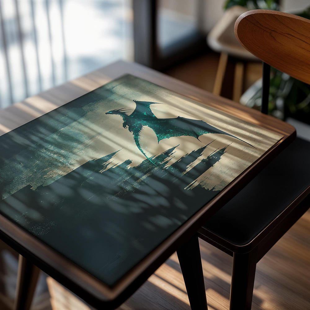 Dragon flying over a castle silhouette with a textured background, as a premium aluminum metal print from GoMetalPrint.
