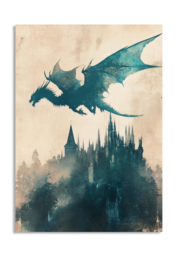 Dragon flying over a castle silhouette on a textured beige background, as a premium aluminum metal print from GoMetalPrint.
