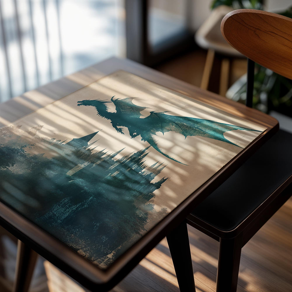 Dragon flying over a castle silhouette on a textured beige background, as a premium aluminum metal print from GoMetalPrint.
