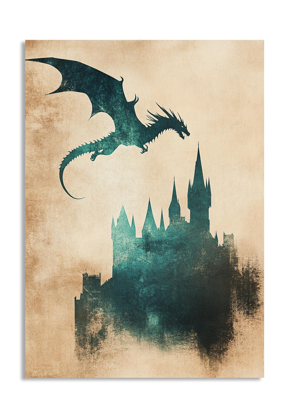 Dragon flying over a castle silhouette on a textured beige background, as a premium aluminum metal print from GoMetalPrint.
