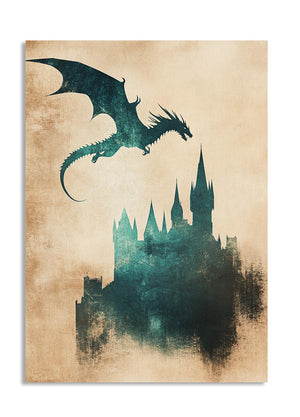 Dragon flying over a castle silhouette on a textured beige background, as a premium aluminum metal print from GoMetalPrint.

