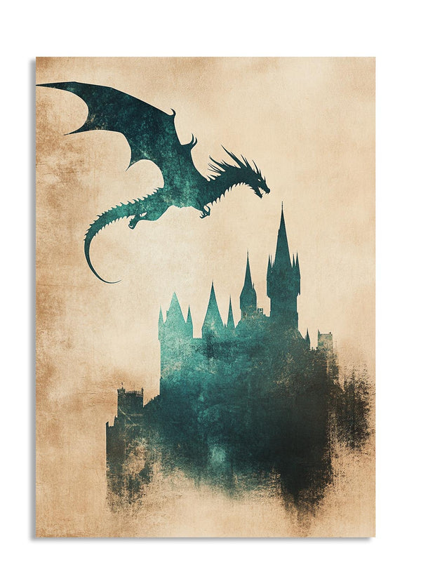 Dragon flying over a castle silhouette on a textured beige background, as a premium aluminum metal print from GoMetalPrint.
