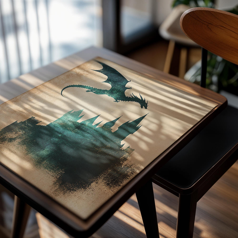 Dragon flying over a castle silhouette on a textured beige background, as a premium aluminum metal print from GoMetalPrint.
