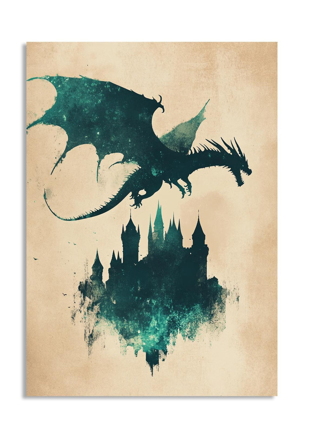 Dragon and castle silhouette on a textured background, as a premium aluminum metal print from GoMetalPrint.
