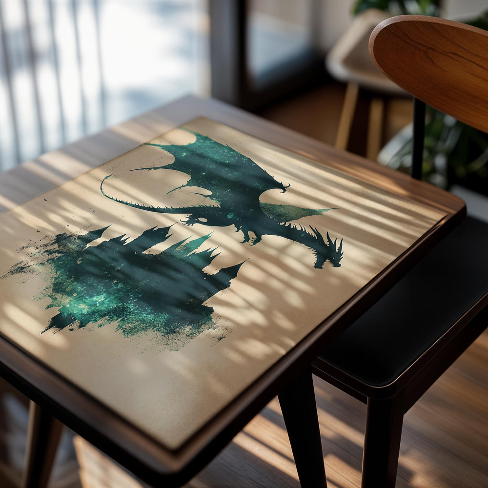 Dragon and castle silhouette on a textured background, as a premium aluminum metal print from GoMetalPrint.
