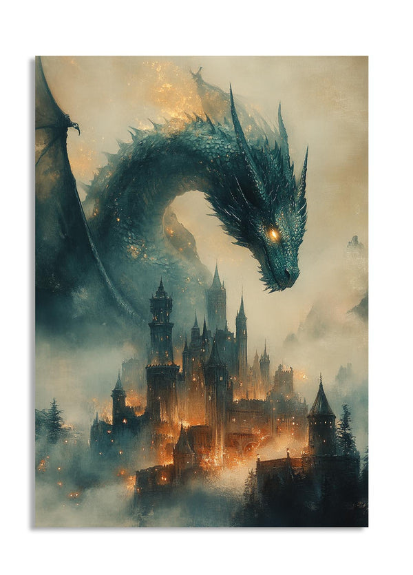 Dragon overlooking a castle in a misty landscape, as a premium aluminum metal print from GoMetalPrint.
