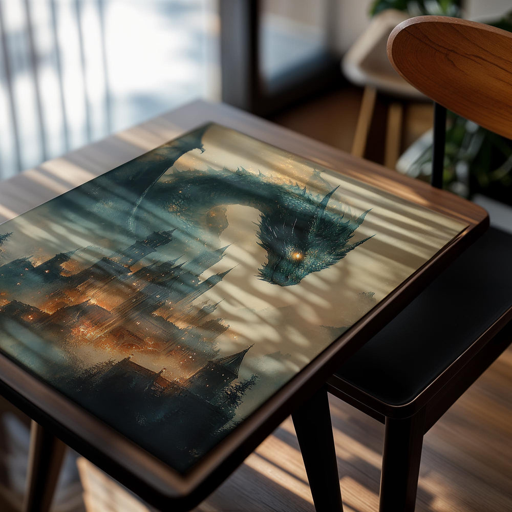 Dragon overlooking a castle in a misty landscape, as a premium aluminum metal print from GoMetalPrint.
