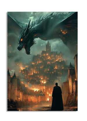 Dragon overlooking a city on fire with a person in a cloak watching, as a premium aluminum metal print from GoMetalPrint.
