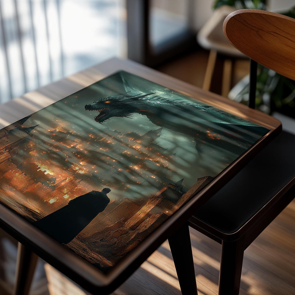 Dragon overlooking a city on fire with a person in a cloak watching, as a premium aluminum metal print from GoMetalPrint.
