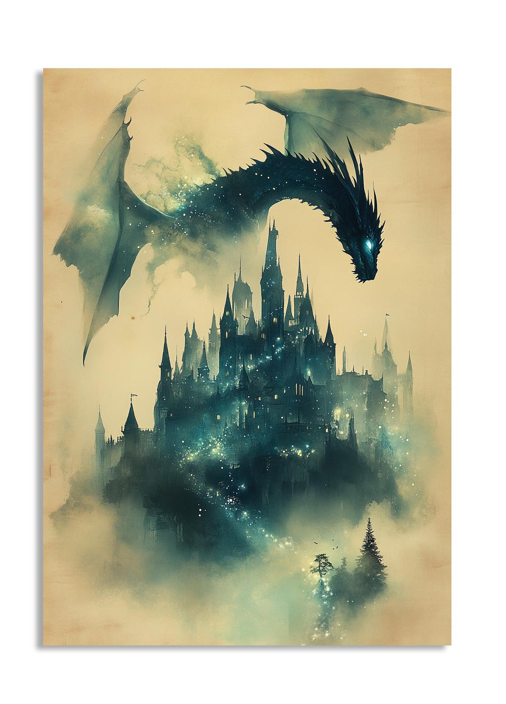 Dragon overlooking a mystical castle with a tree in the foreground on a beige background, as a premium aluminum metal print from GoMetalPrint.
