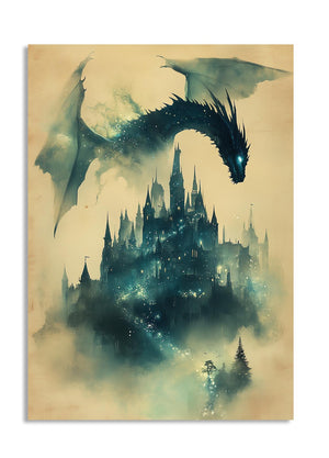 Dragon overlooking a mystical castle with a tree in the foreground on a beige background, as a premium aluminum metal print from GoMetalPrint.
