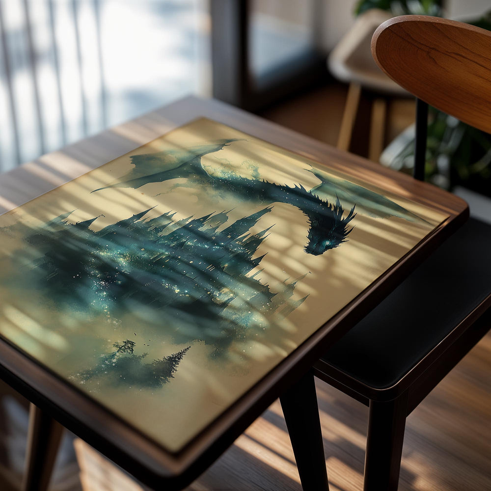 Dragon overlooking a mystical castle with a tree in the foreground on a beige background, as a premium aluminum metal print from GoMetalPrint.
