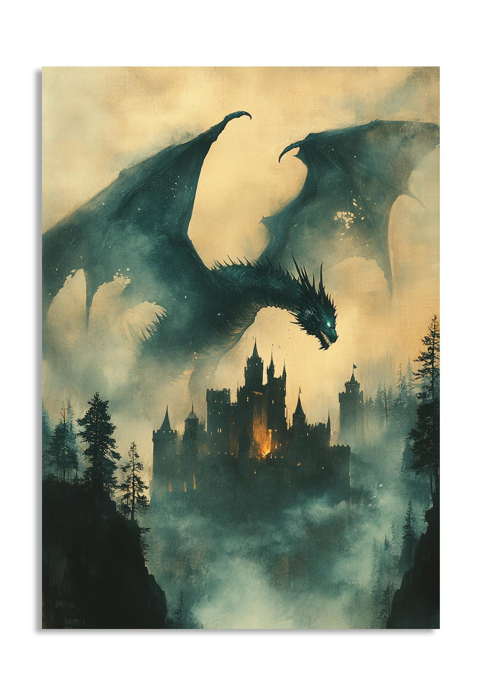 Dragon flying over a castle in a misty landscape, as a premium aluminum metal print from GoMetalPrint.
