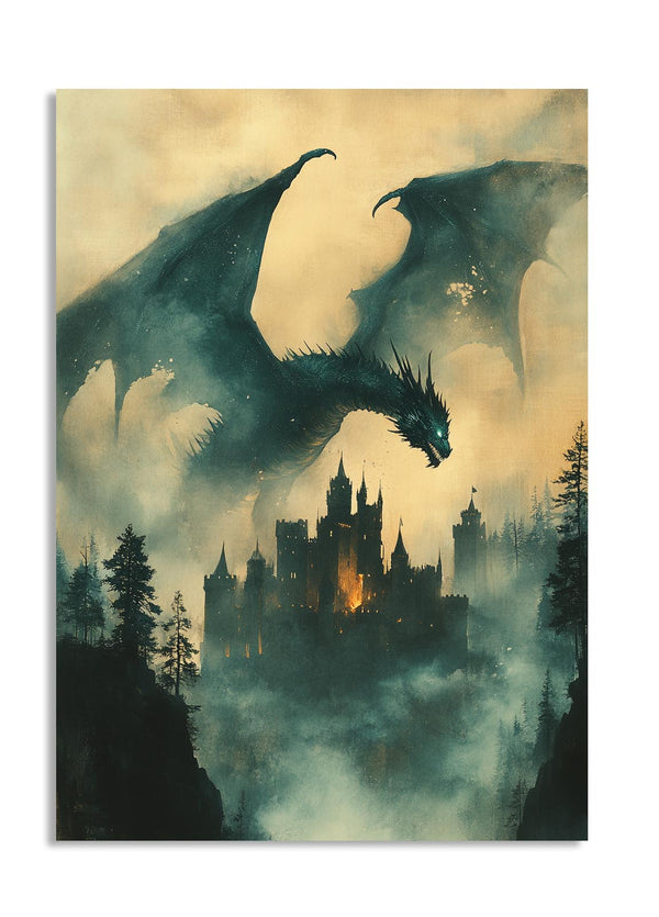 Dragon flying over a castle in a misty landscape, as a premium aluminum metal print from GoMetalPrint.
