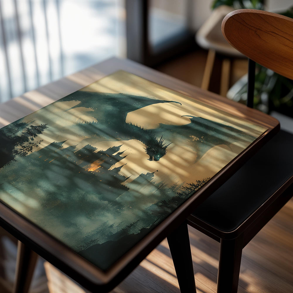 Dragon flying over a castle in a misty landscape, as a premium aluminum metal print from GoMetalPrint.
