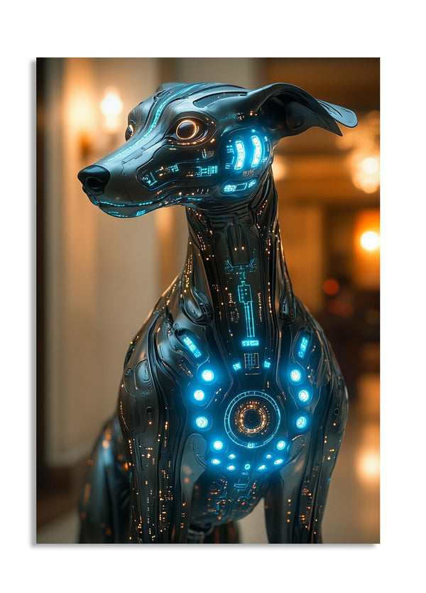 Robot dog sculpture with glowing blue circuits against a blurred indoor background, as a premium aluminum metal print from GoMetalPrint.
