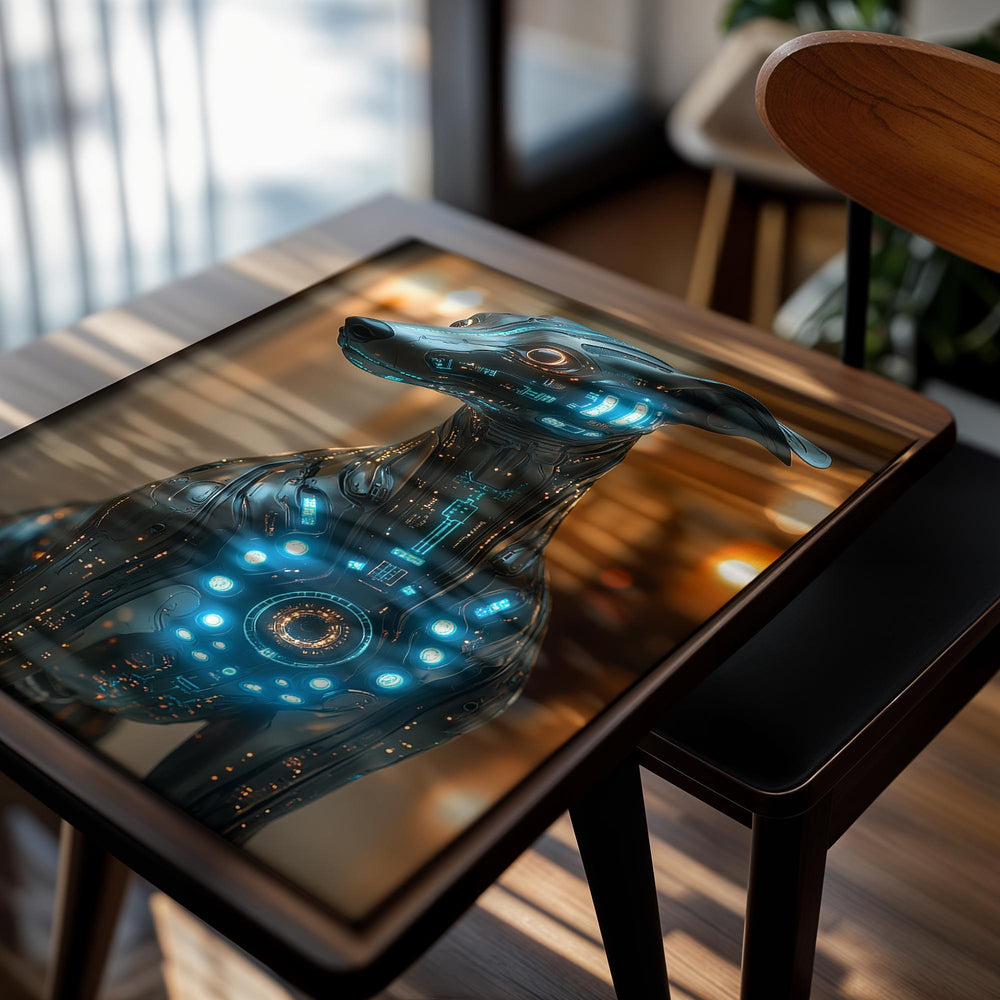 Robot dog sculpture with glowing blue circuits against a blurred indoor background, as a premium aluminum metal print from GoMetalPrint.
