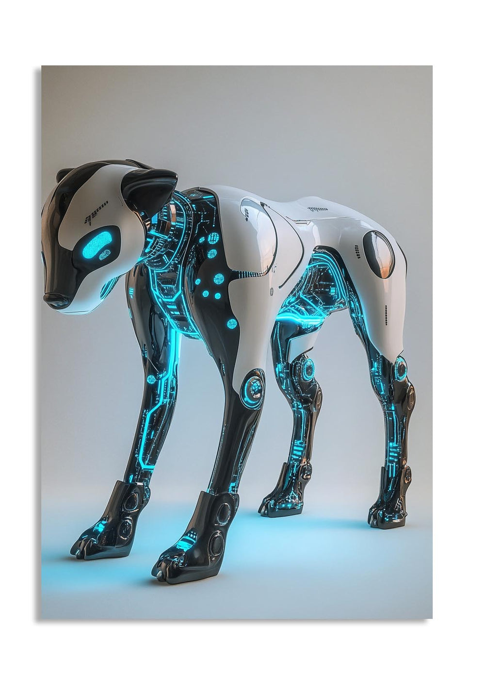 Robotic dog with glowing blue circuits on a gray background, as a premium aluminum metal print from GoMetalPrint.
