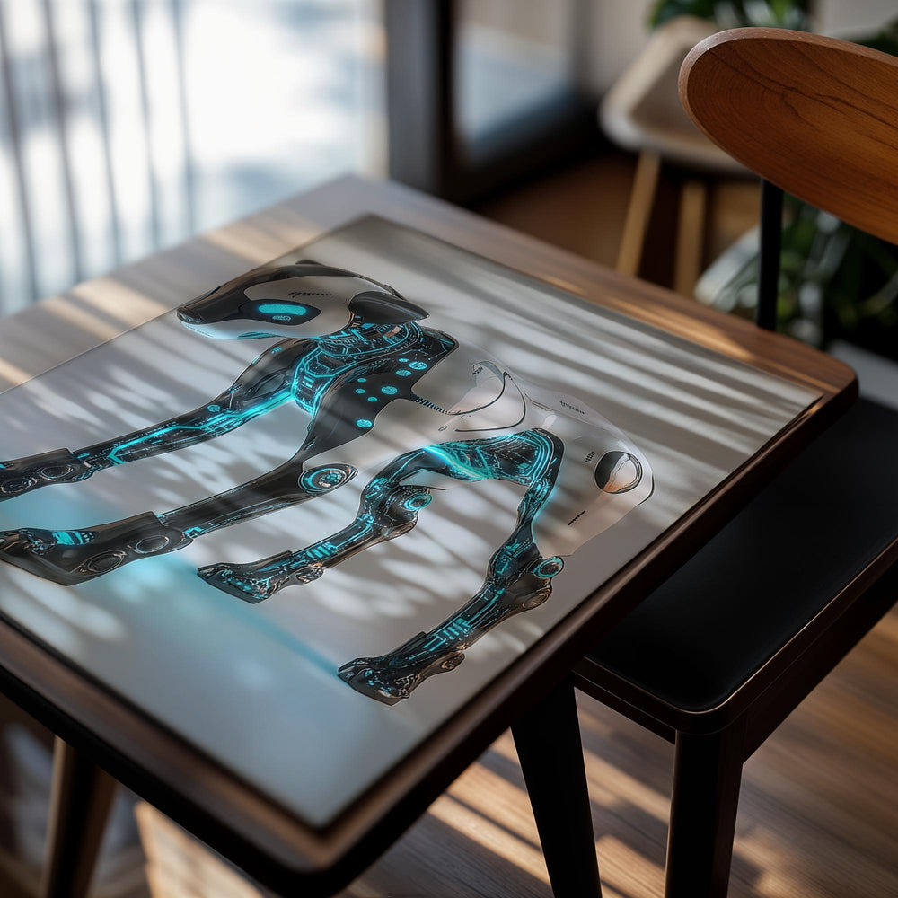 Robotic dog with glowing blue circuits on a gray background, as a premium aluminum metal print from GoMetalPrint.
