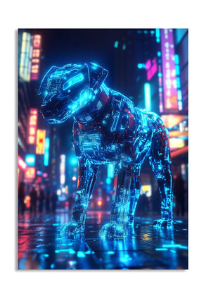 Neon blue robot dog figure in a futuristic cityscape with colorful lights, as a premium aluminum metal print from GoMetalPrint.
