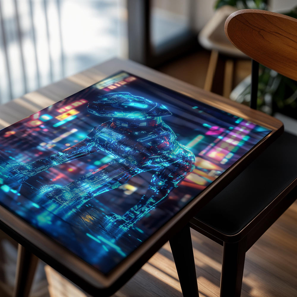 Neon blue robot dog figure in a futuristic cityscape with colorful lights, as a premium aluminum metal print from GoMetalPrint.
