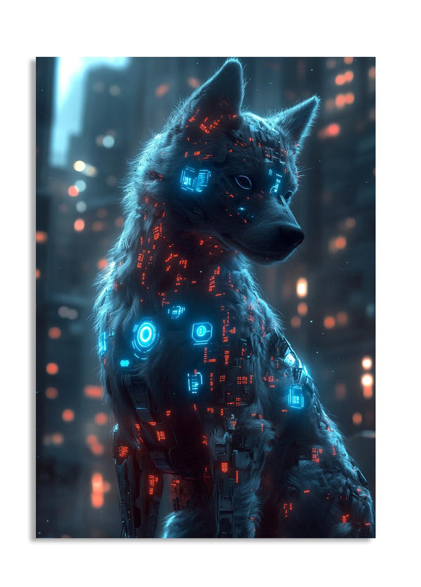 Wolf with cybernetic design against a cityscape background, as a premium aluminum metal print from GoMetalPrint.
