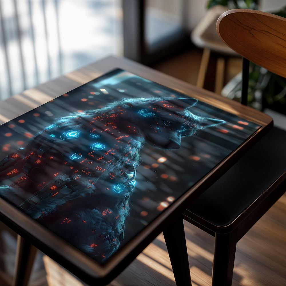Wolf with cybernetic design against a cityscape background, as a premium aluminum metal print from GoMetalPrint.
