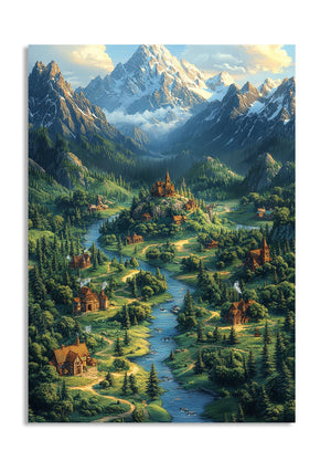 Majestic mountain landscape with a village and castle, featuring greenery and a river, as a premium aluminum metal print from GoMetalPrint.
