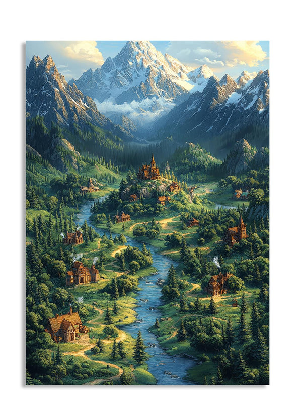 Majestic mountain landscape with a village and castle, featuring greenery and a river, as a premium aluminum metal print from GoMetalPrint.
