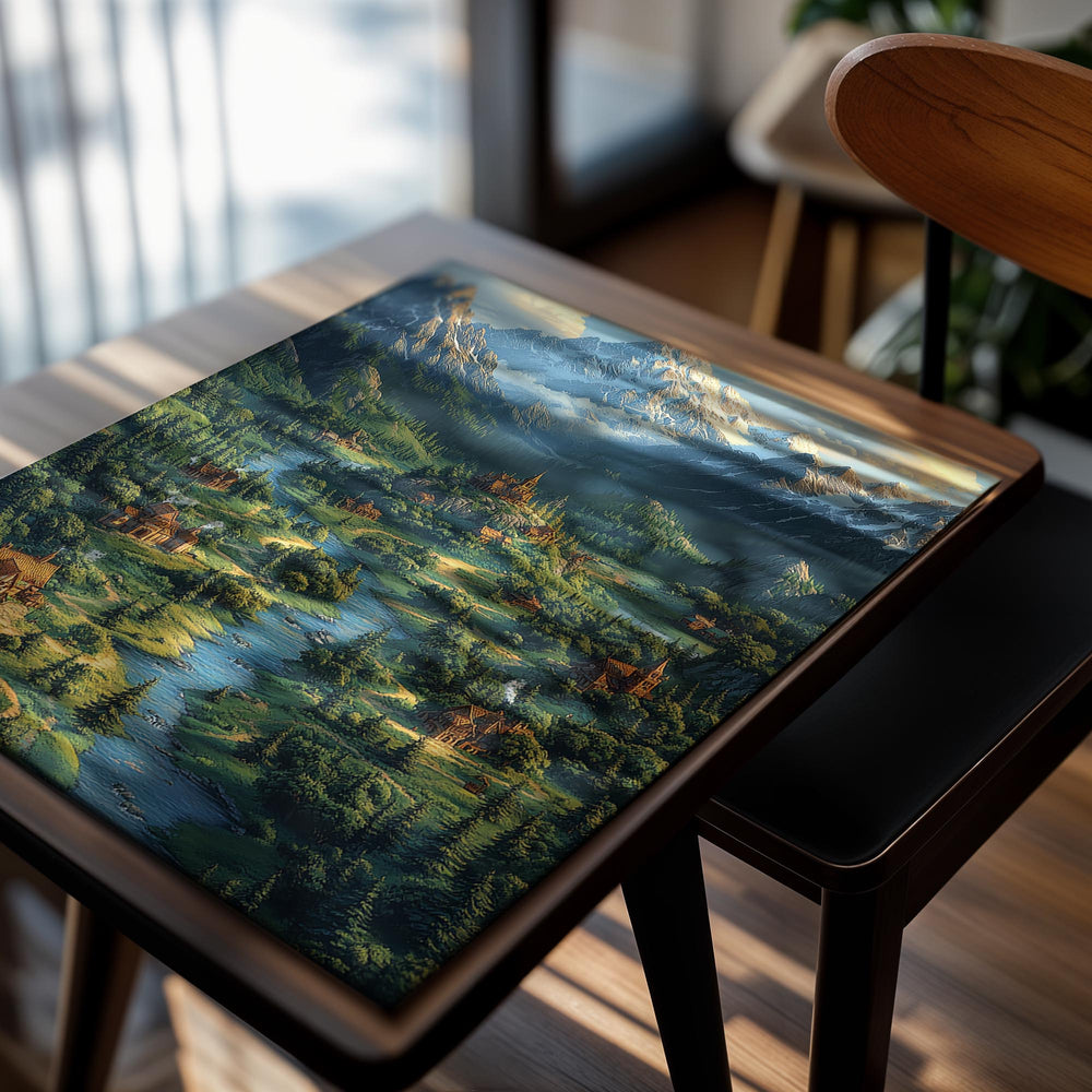 Majestic mountain landscape with a village and castle, featuring greenery and a river, as a premium aluminum metal print from GoMetalPrint.
