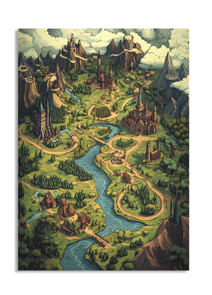 Fantasy landscape with castles, roads, and a river, as a premium aluminum metal print from GoMetalPrint.
