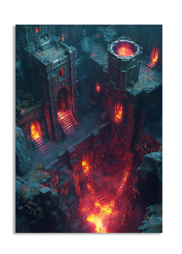 Majestic castle with fiery interior on a white background, as a premium aluminum metal print from GoMetalPrint.
