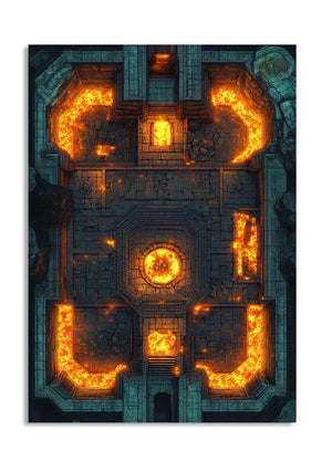 Mystical stone structure with glowing orange flames on a white background, as a premium aluminum metal print from GoMetalPrint.
