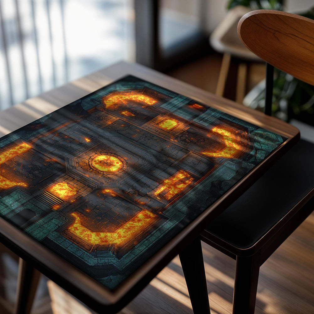 Mystical stone structure with glowing orange flames on a white background, as a premium aluminum metal print from GoMetalPrint.
