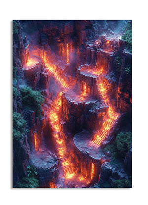 Stylized image of a mountain path with glowing orange lights against a dark background, as a premium aluminum metal print from GoMetalPrint.
