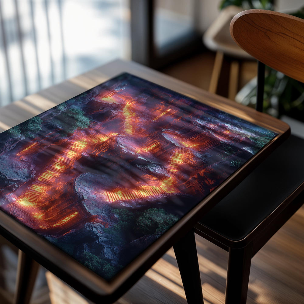 Stylized image of a mountain path with glowing orange lights against a dark background, as a premium aluminum metal print from GoMetalPrint.
