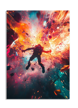 Spaced-out astronaut surrounded by a vibrant explosion of colors on a white background, as a premium aluminum metal print from GoMetalPrint.
